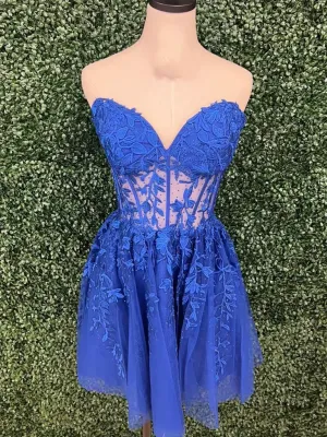 Strapless Blue Lace Short Prom Dresses, Short Blue Lace  Formal Evening Homecoming Dresses