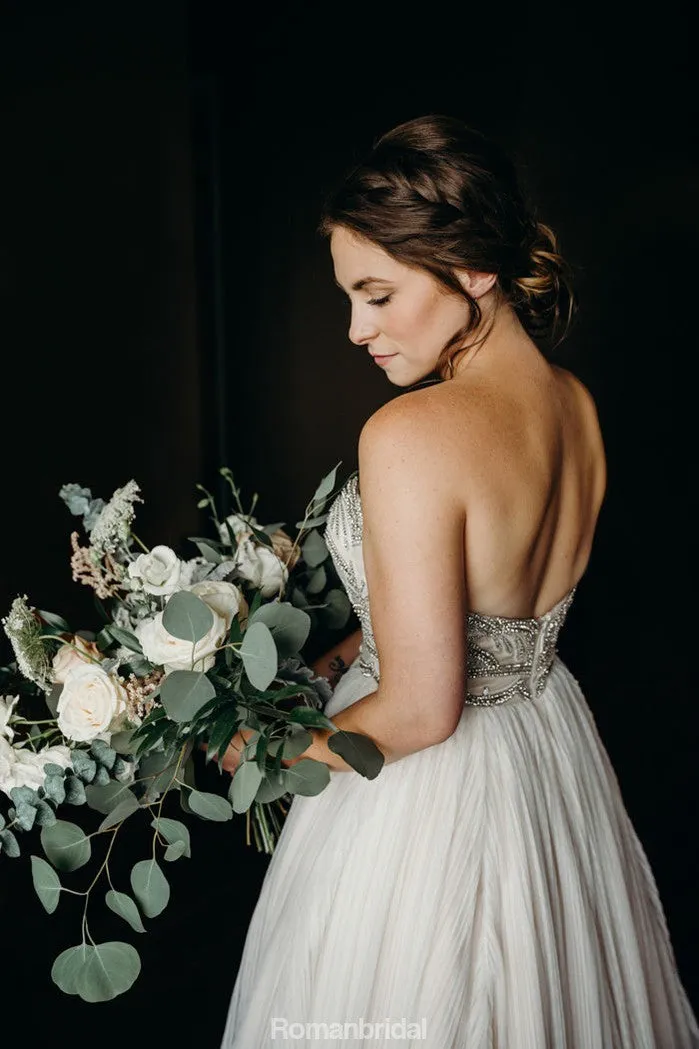 Sweetheart Beading Top Long Backless Chiffon Wedding Dresses, WD0434
