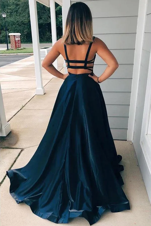 Taffeta A-line Scoop Spaghetti Straps Long Prom Dresses With Pockets, MP708