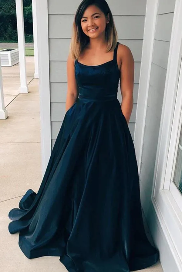 Taffeta A-line Scoop Spaghetti Straps Long Prom Dresses With Pockets, MP708