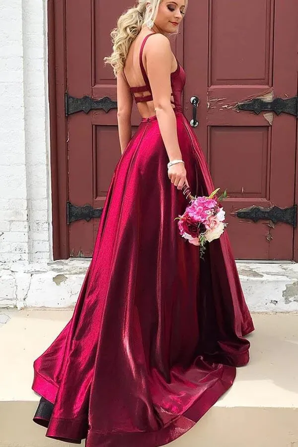 Taffeta A-line Scoop Spaghetti Straps Long Prom Dresses With Pockets, MP708