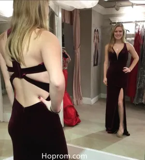 Tank Straps Wine Red Velvet Prom Dresses Evening Gown Dresses