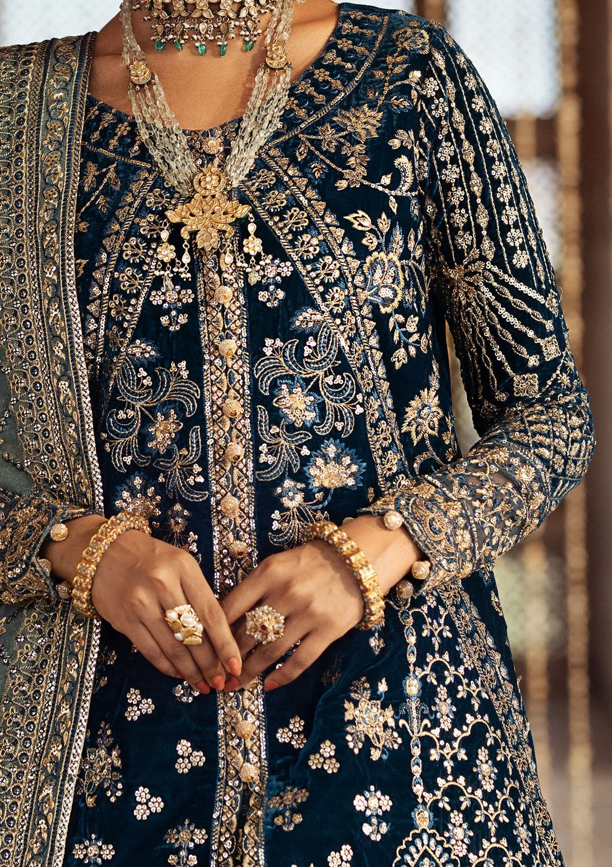 Teal Blue Embroidered Velvet Gown Pakistani Wedding Dress with Lehenga