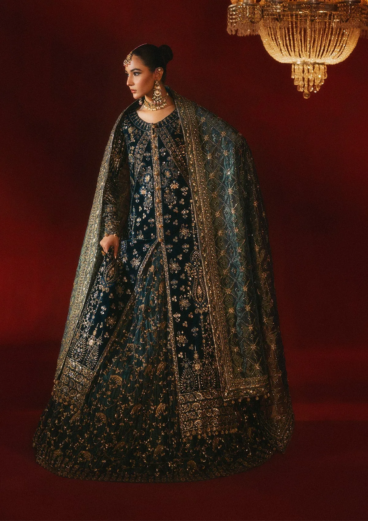 Teal Blue Embroidered Velvet Gown Pakistani Wedding Dress with Lehenga