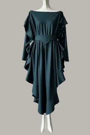 The Queen’s Kaftan with Quilted Trapunto Belt Teal Raw Silk
