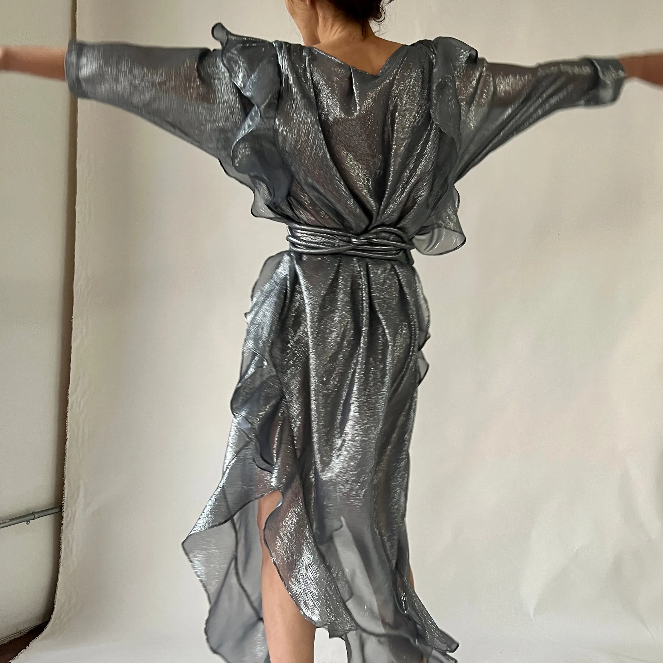 The Queen’s Kaftan with Quilted Trapunto Belt Teal Raw Silk