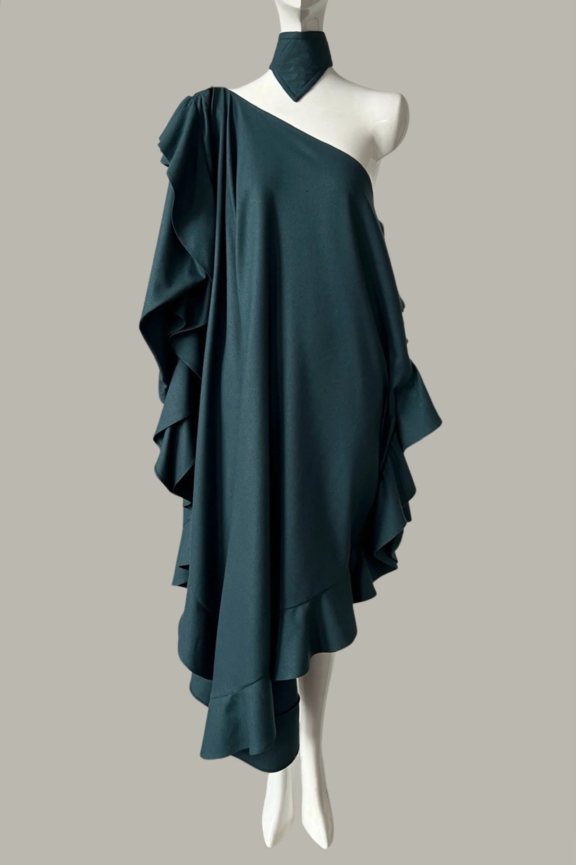 The Queen’s Kaftan with Quilted Trapunto Belt Teal Raw Silk