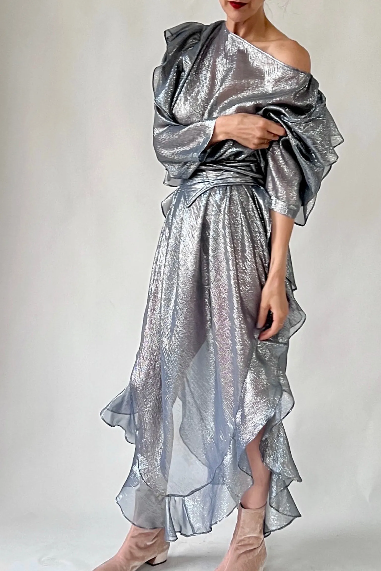 The Queen’s Kaftan with Quilted Trapunto Belt Teal Raw Silk