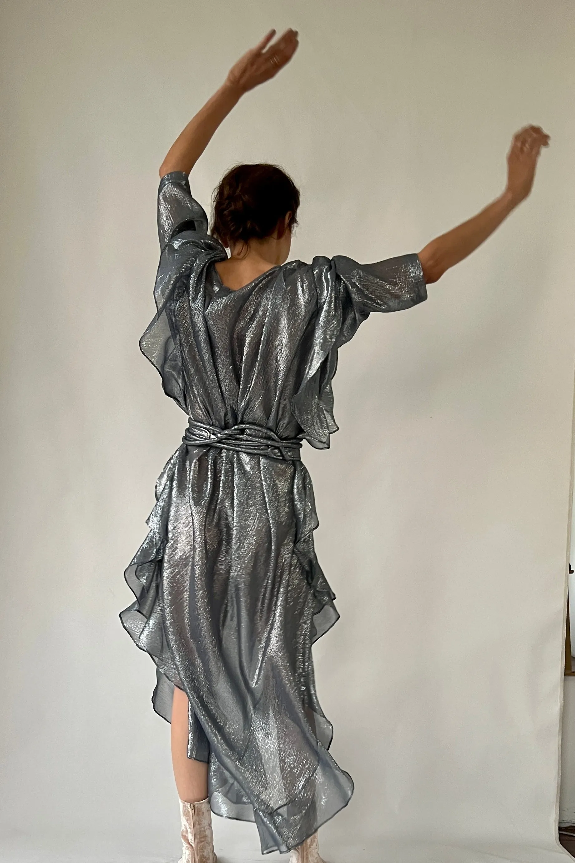 The Queen’s Kaftan with Quilted Trapunto Belt Teal Raw Silk