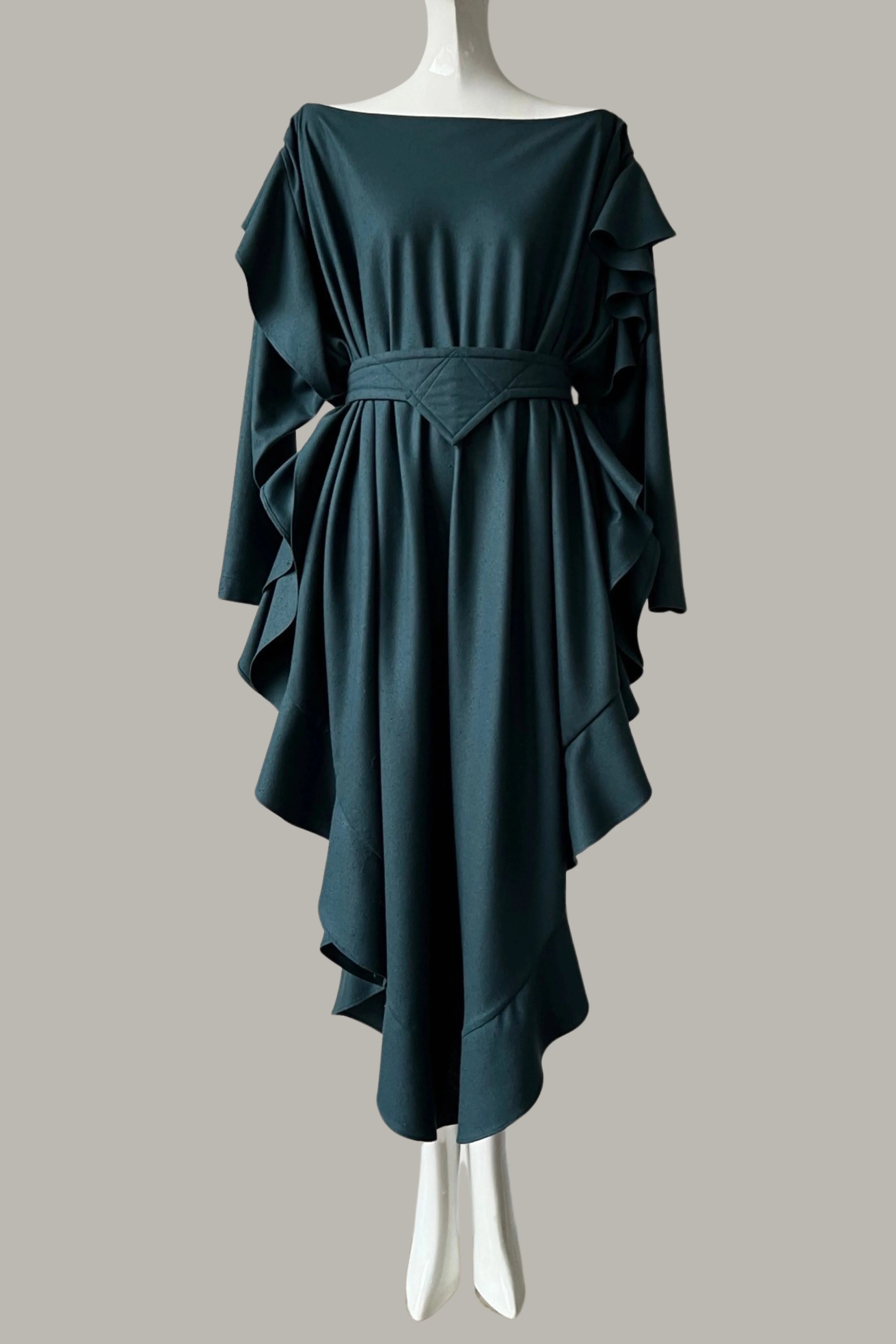 The Queen’s Kaftan with Quilted Trapunto Belt Teal Raw Silk