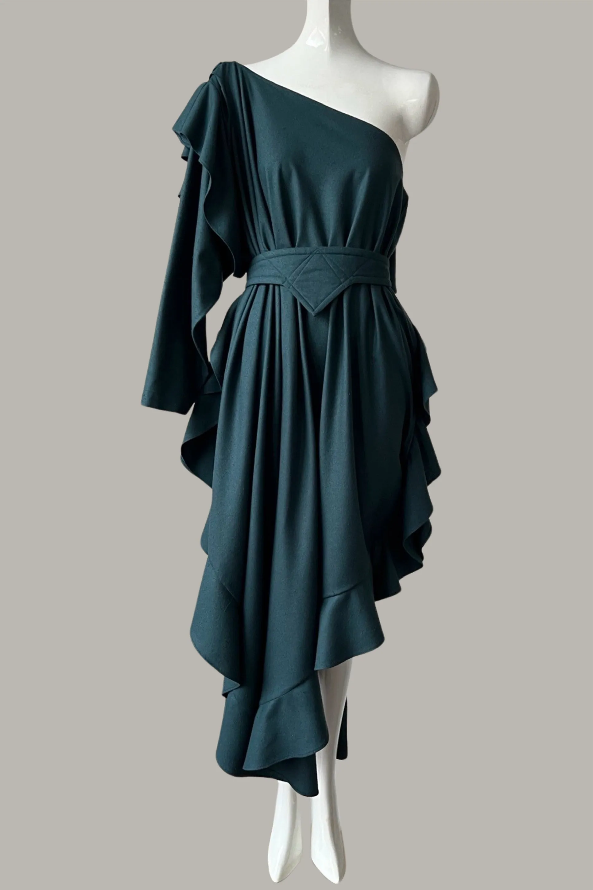 The Queen’s Kaftan with Quilted Trapunto Belt Teal Raw Silk