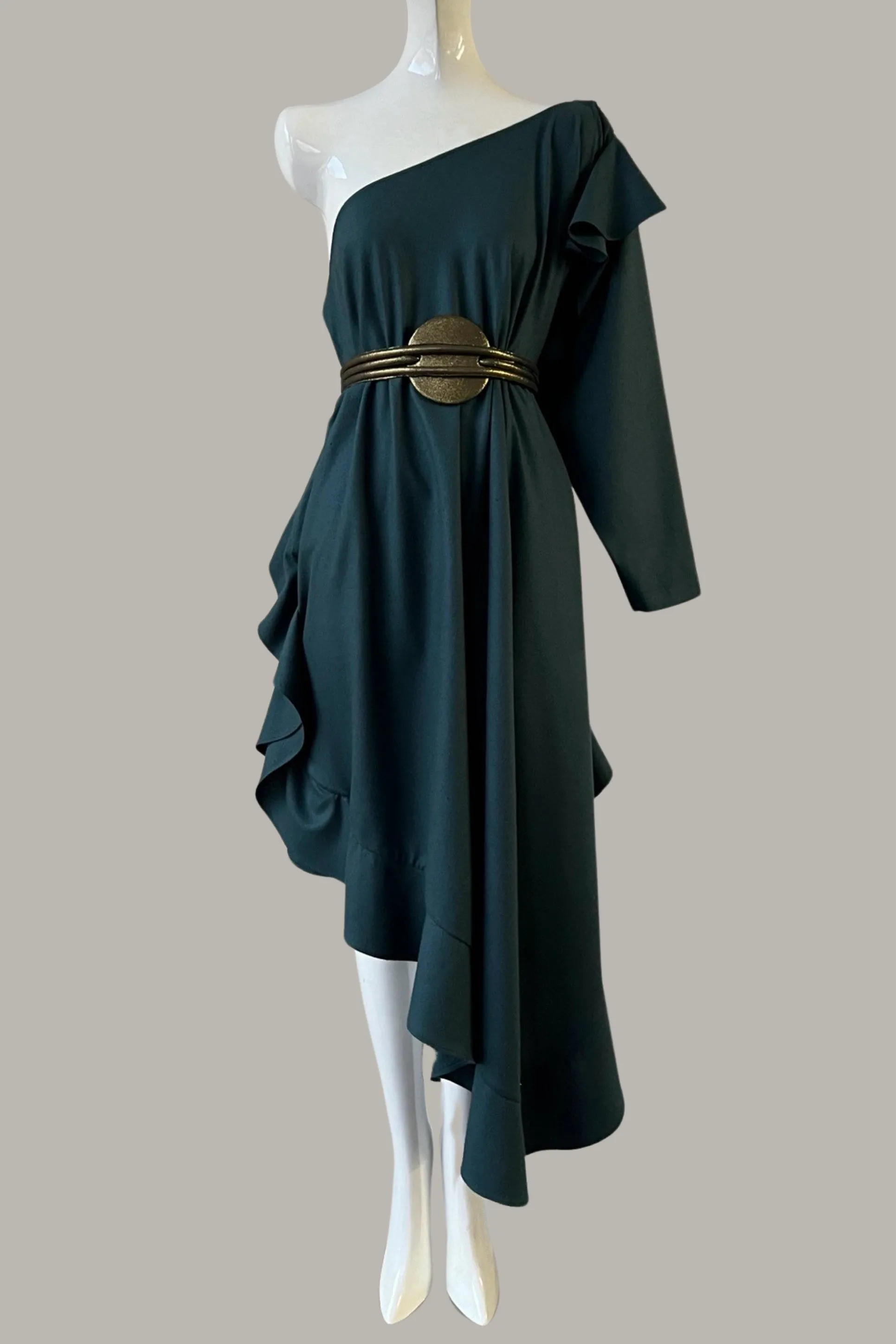 The Queen’s Kaftan with Quilted Trapunto Belt Teal Raw Silk