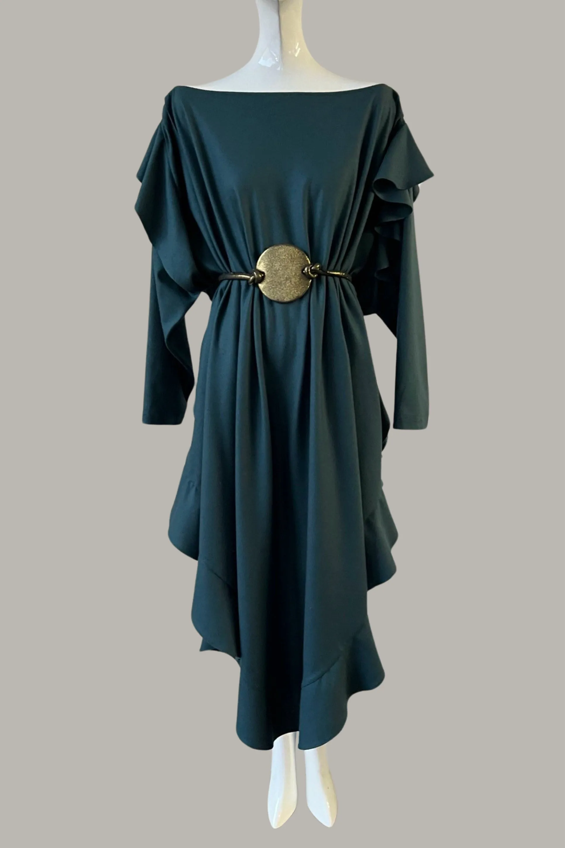 The Queen’s Kaftan with Quilted Trapunto Belt Teal Raw Silk
