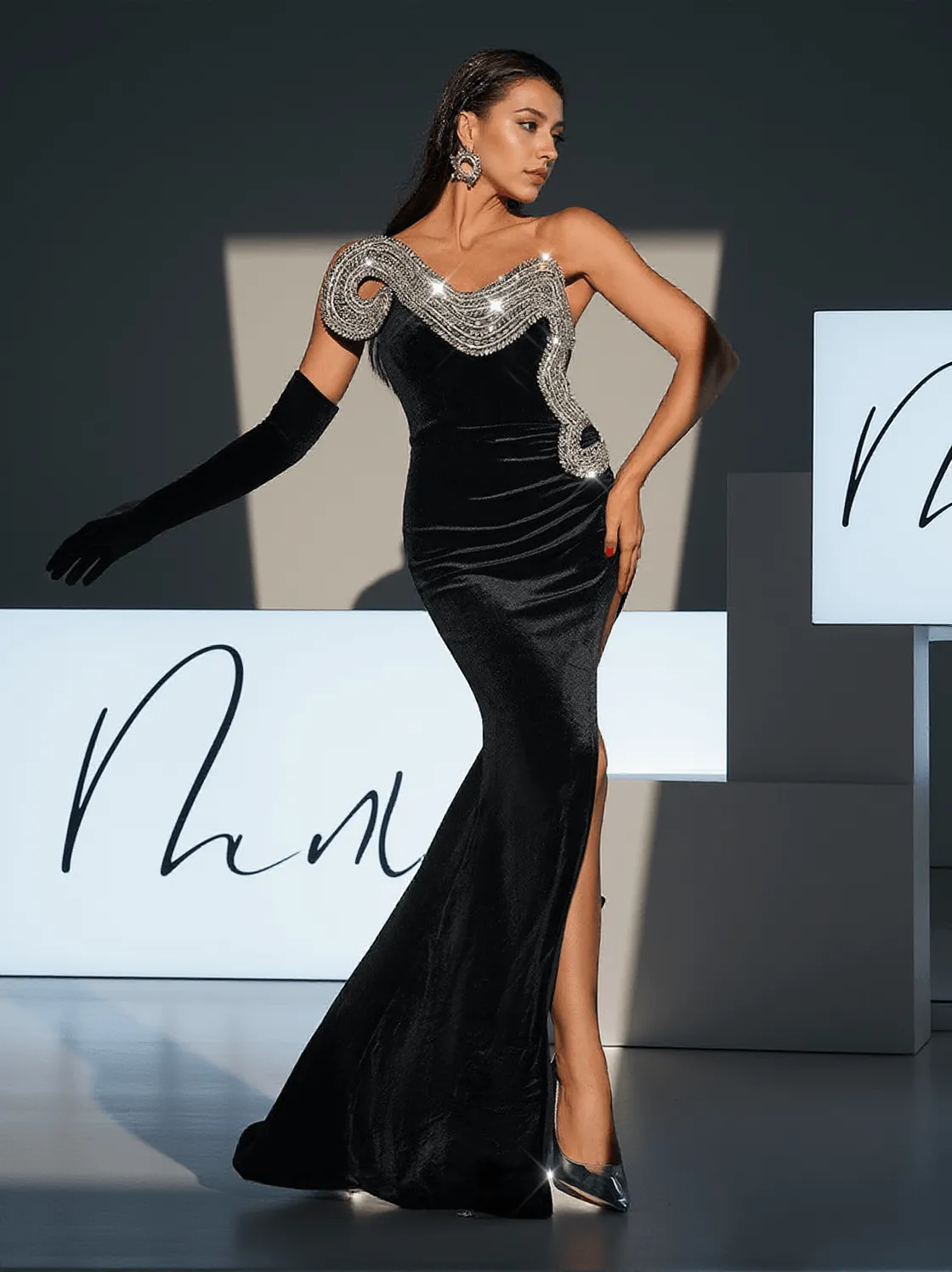 Torin Strapless Wave Crystal Velvet Maxi Dress