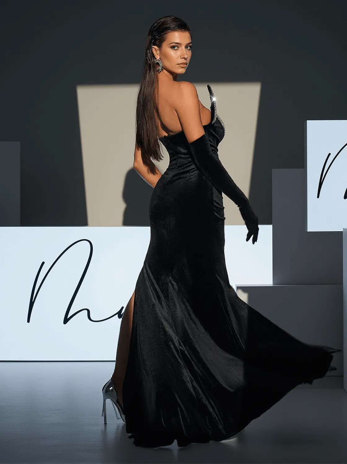 Torin Strapless Wave Crystal Velvet Maxi Dress