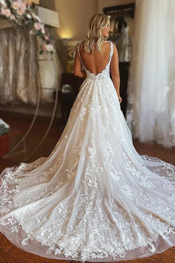 Tulle A-line V-neck Backless Boho Wedding Dresses With Lace Appliques, MW901