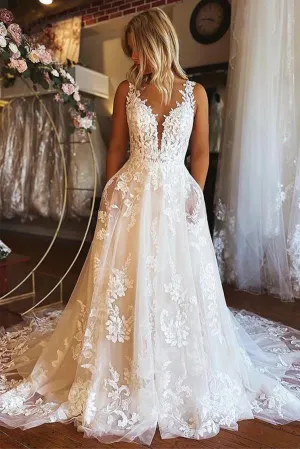 Tulle A-line V-neck Backless Boho Wedding Dresses With Lace Appliques, MW901