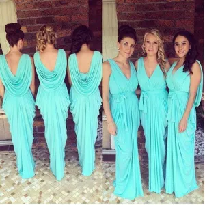 turquoise blue long bridesmaid dresses 2020 mermaid pleated v neck elegant cheap wedding guest dress