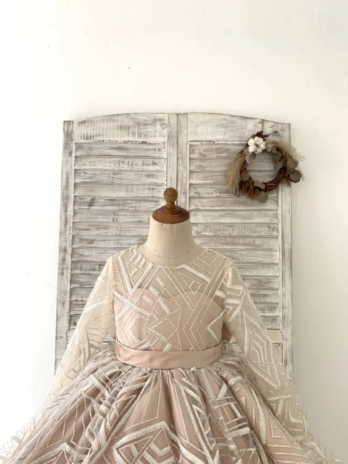 V Back Glittering Lace Champagne Satin Wedding Flower Girl Dress Kids Party