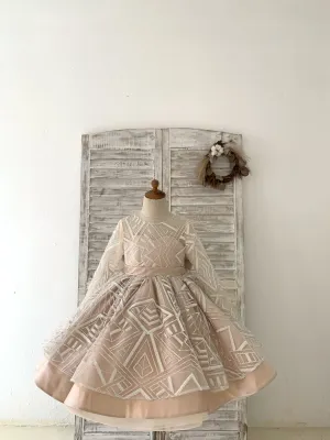 V Back Glittering Lace Champagne Satin Wedding Flower Girl Dress Kids Party