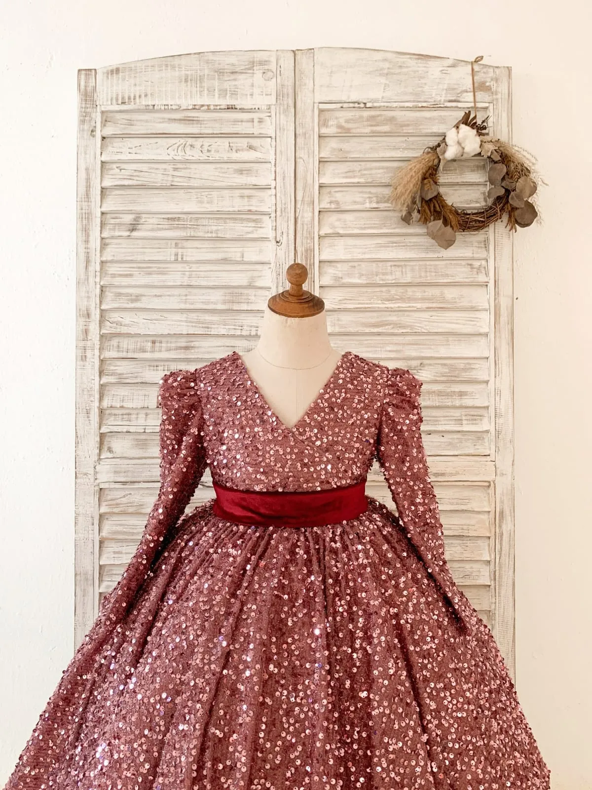 V Back Long Sleeves Burgundy Sequin Wedding Flower Girl Dress Birthday Party Dress