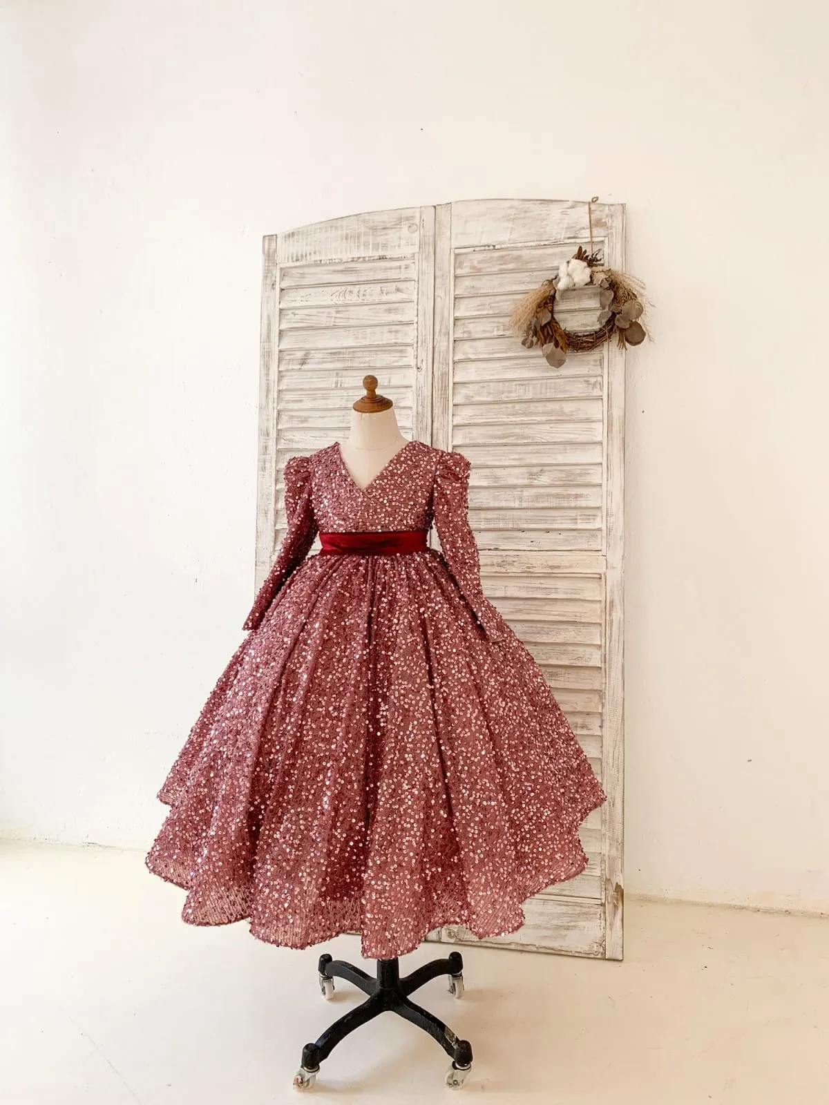 V Back Long Sleeves Burgundy Sequin Wedding Flower Girl Dress Birthday Party Dress
