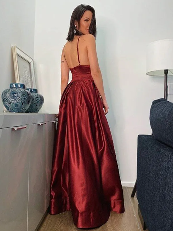 V Neck Backless Burgundy Satin Long Prom Dresses with High Slit, Backless Burgundy Formal Dresses, Burgundy Evening Dresses