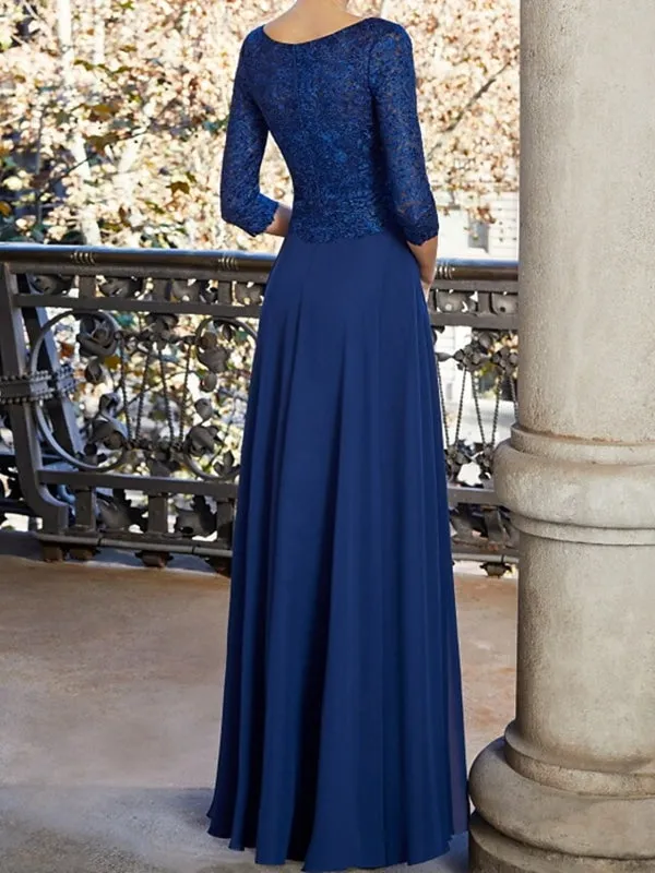V Neck Half Sleeves Blue Lace Long Prom Dresses, Blue Chiffon Formal Dresses, Blue Evening Dresses