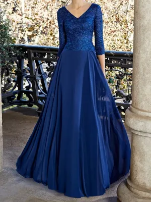 V Neck Half Sleeves Blue Lace Long Prom Dresses, Blue Chiffon Formal Dresses, Blue Evening Dresses
