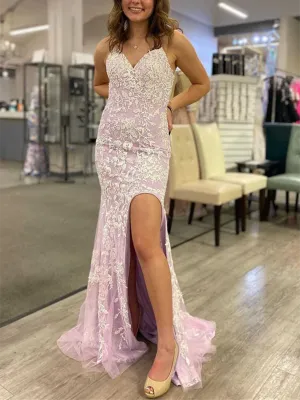 V Neck Mermaid Purple Lace Long Prom Dresses with High Slit, Open Back Purple Lace Formal Graduation Evening Dresses