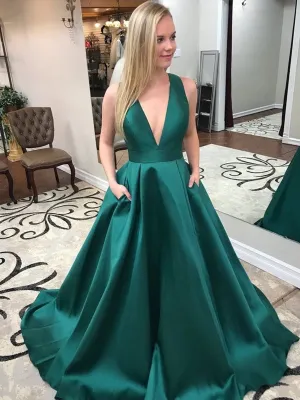 V Neck Open Back Green Satin Long Prom with Pocket, V Neck Green Formal Evening