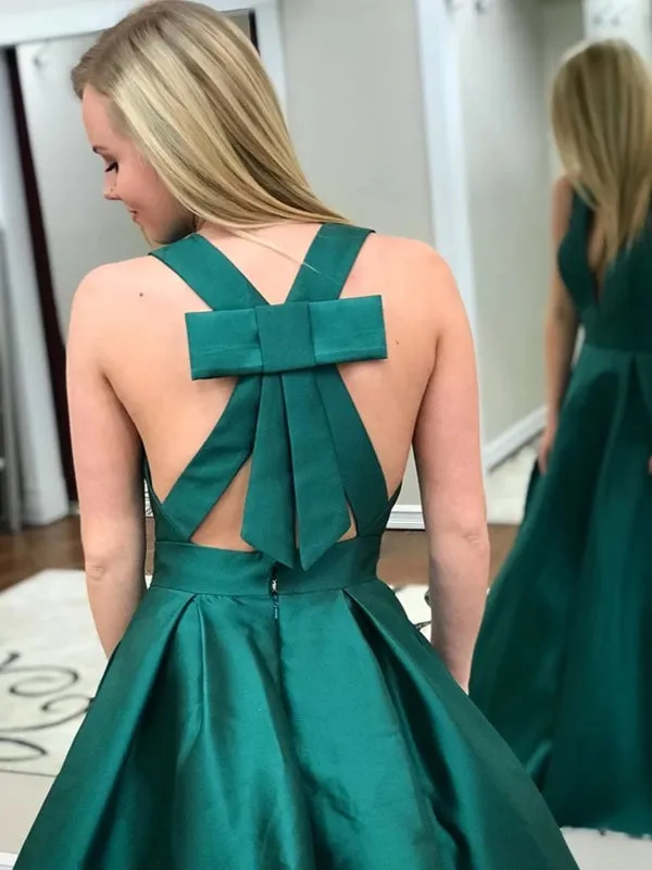 V Neck Open Back Green Satin Long Prom with Pocket, V Neck Green Formal Evening