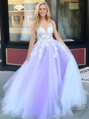 V Neck Open Back White Lace Appliques Top Purple Tulle Long Prom Dresses, Lace Purple Formal Dresses, Evening Dresses