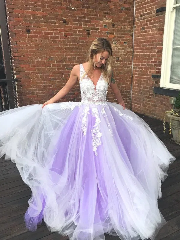 V Neck Open Back White Lace Appliques Top Purple Tulle Long Prom Dresses, Lace Purple Formal Dresses, Evening Dresses
