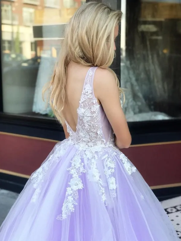 V Neck Open Back White Lace Appliques Top Purple Tulle Long Prom Dresses, Lace Purple Formal Dresses, Evening Dresses