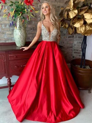 V Neck Red Long Prom Dresses 2020 with Silver Sequins, V Neck Red Formal Dresses, Red Evening Dresses, Ball