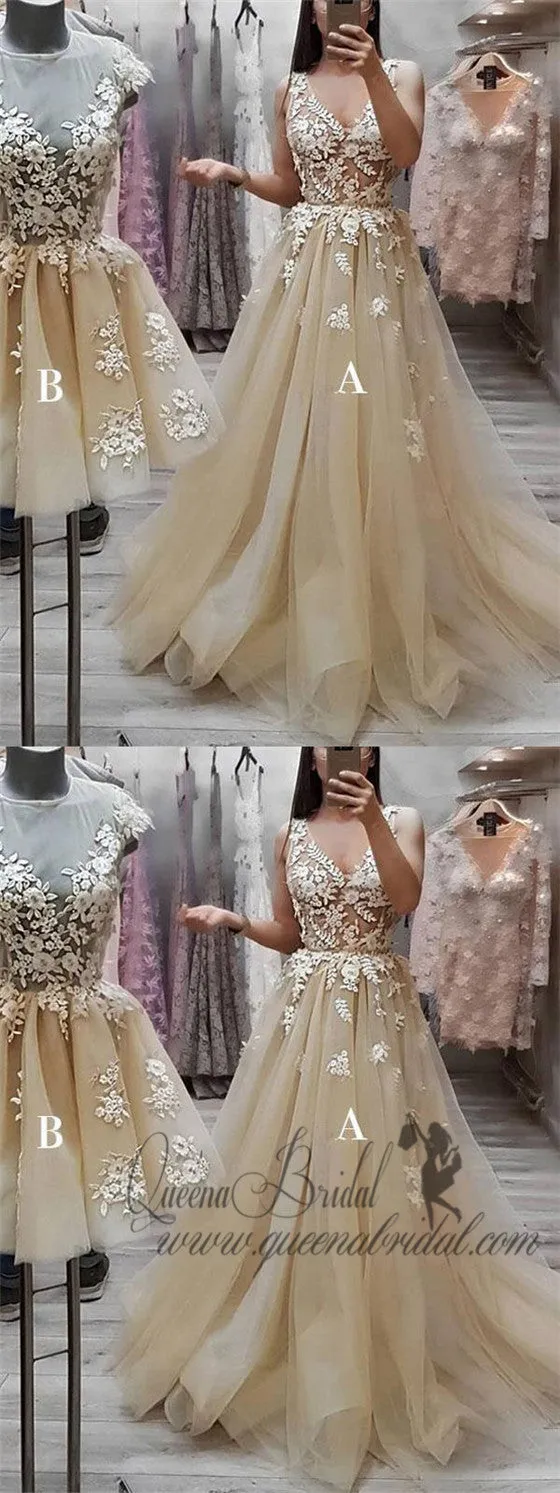 V Neck See Through Lace A-line Long Evening Prom Dresses, QB0419