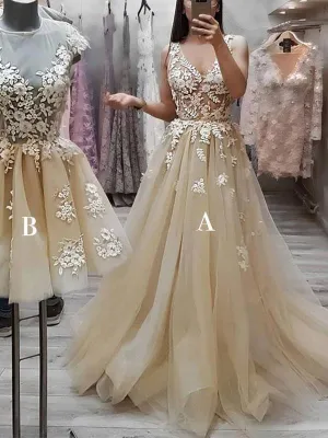 V Neck See Through Lace A-line Long Evening Prom Dresses, QB0419