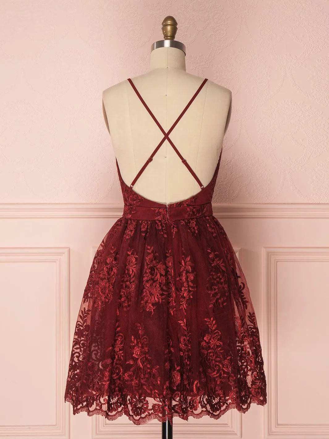 V neck tulle lace short burgundy prom dresses, backless burgundy homecoming dress