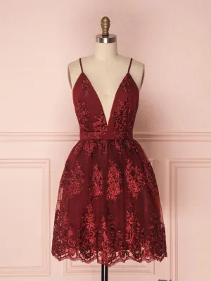 V neck tulle lace short burgundy prom dresses, backless burgundy homecoming dress