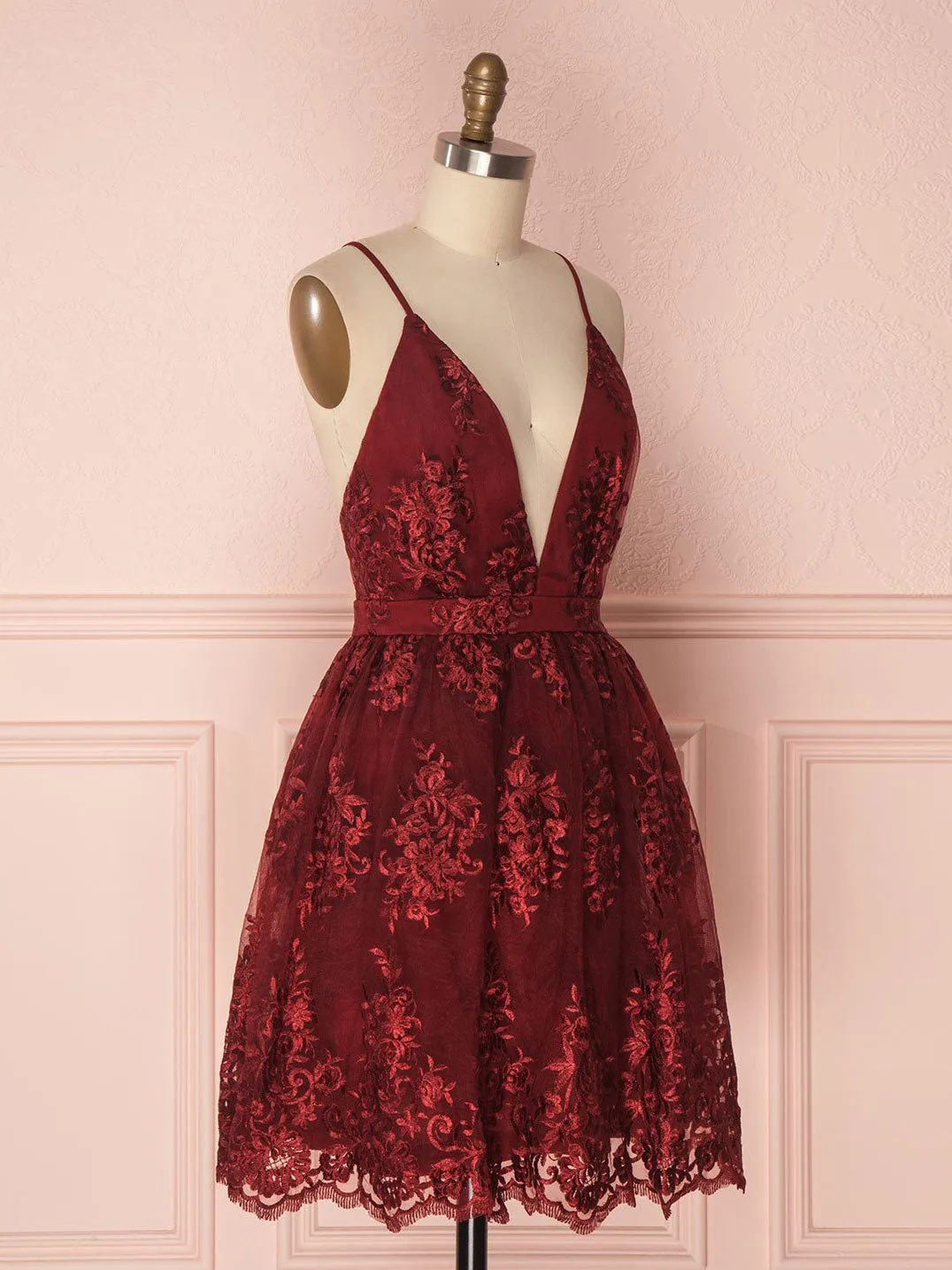 V neck tulle lace short burgundy prom dresses, backless burgundy homecoming dress