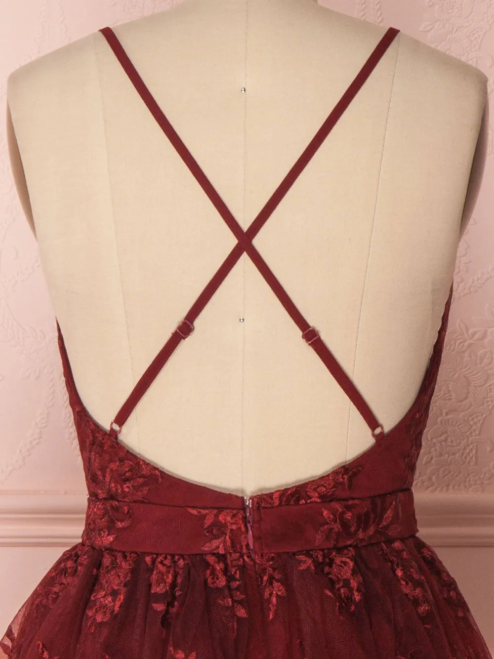 V neck tulle lace short burgundy prom dresses, backless burgundy homecoming dress