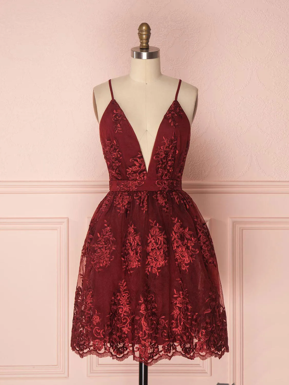 V neck tulle lace short burgundy prom dresses, backless burgundy homecoming dress