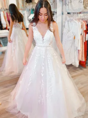 V Neck White Lace Long Prom with Belt, White Lace Formal, White Evening, Wedding