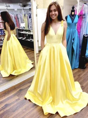 V Neck Yellow Satin Long Prom with Flower Straps, Yellow Formal Graduation Evening