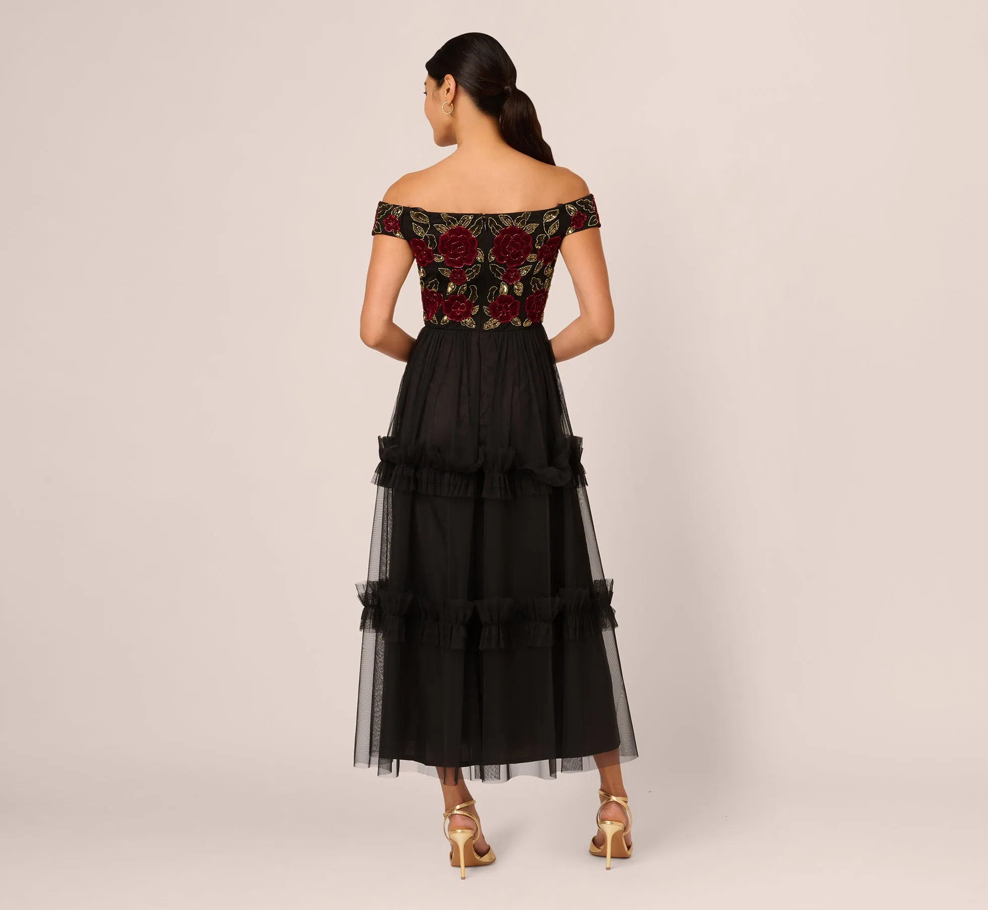 Velvet And Tulle Midi Dress In Black Red