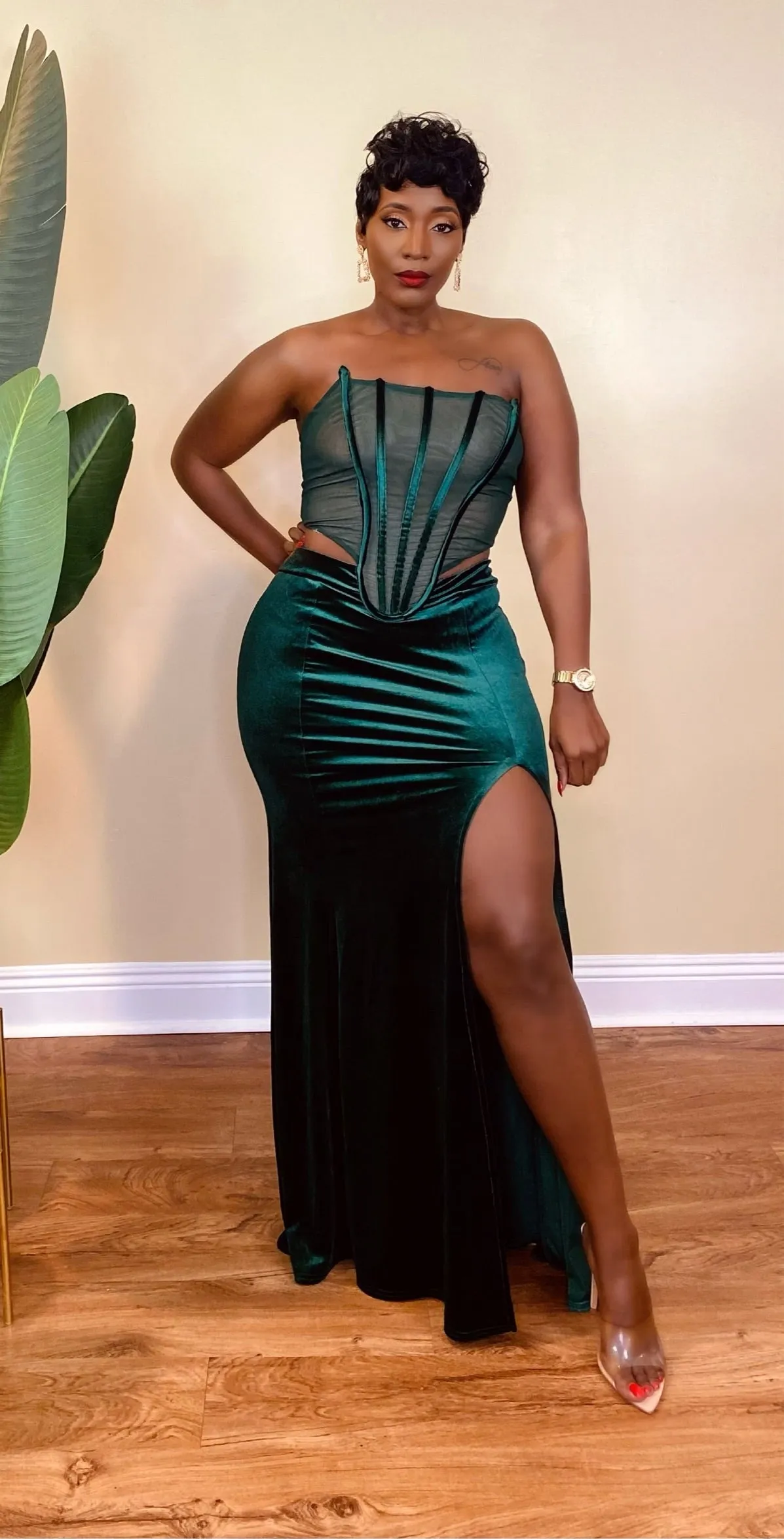 VELVET CORSET MAXI DRESS (GREEN)