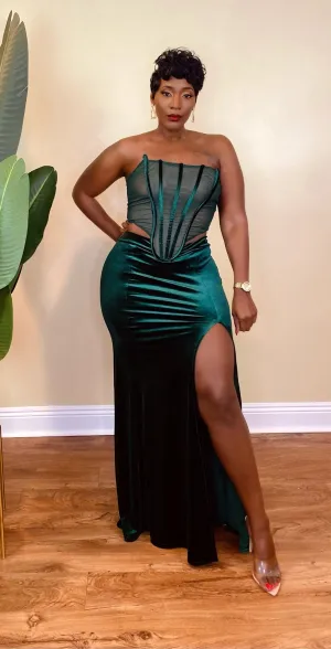VELVET CORSET MAXI DRESS (GREEN)