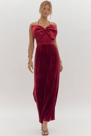 Velvet jumpsuit featuring oversized bow