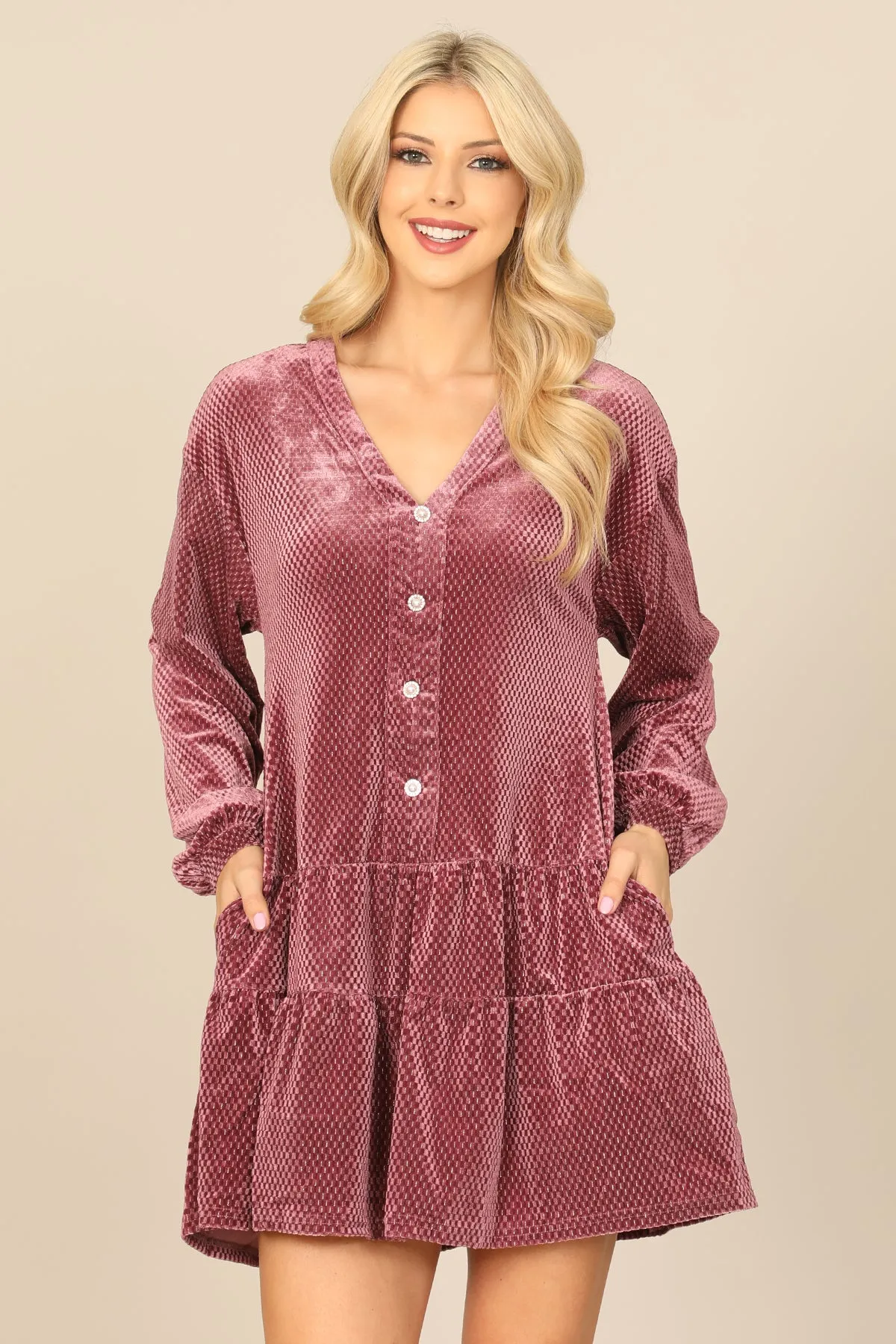 VELVET LONG PUFF SLEEVE BUTTON DETAIL SILVER DETAIL DRESS